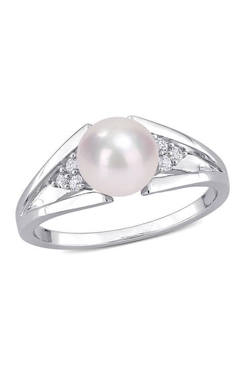 Sterling Silver 7.5mm Cultured Freshwater Pearl & Diamond Ring - 0.04ct.