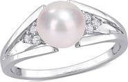 DELMAR Sterling Silver 7.5mm Cultured Freshwater Pearl & Diamond Ring - 0.04ct.