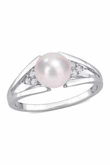 DELMAR Sterling Silver 7.5mm Cultured Freshwater Pearl & Diamond Ring - 0.04ct.