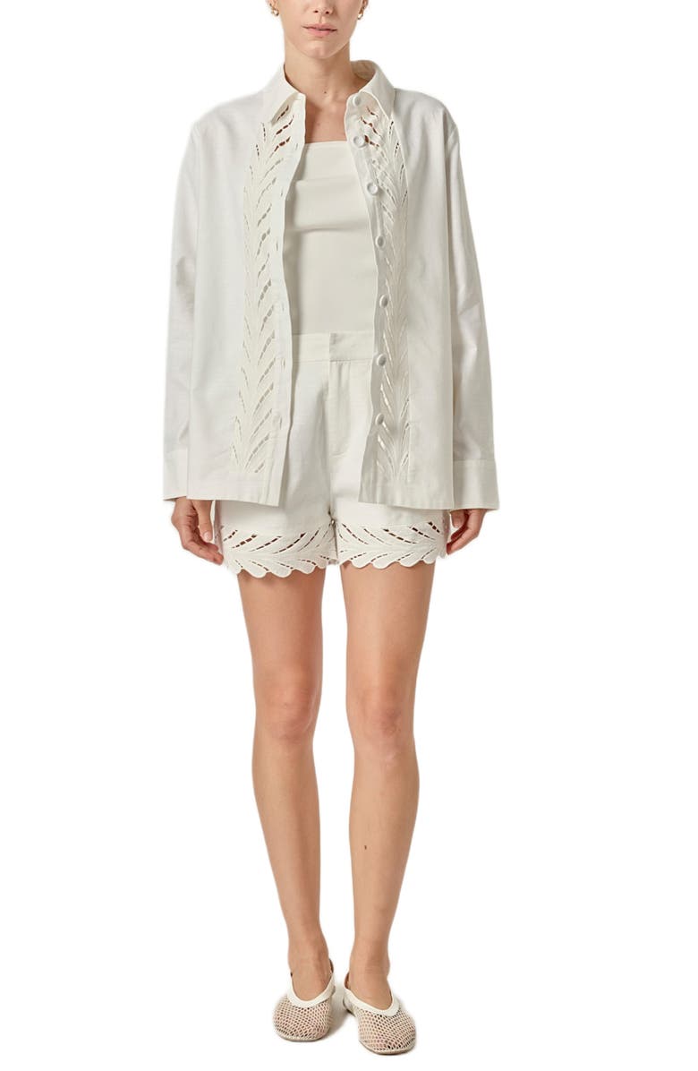 English Factory Eyelet Embroidered Oversize Linen & Cotton Button-Up Shirt, Alternate, color, Off White