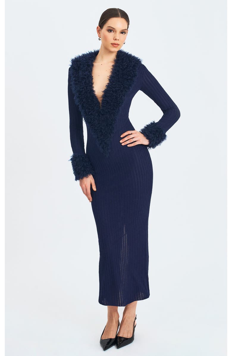Miss Circle Romina Plunging Fur Trimmed Crochet Maxi Dress, Main, color, Navy