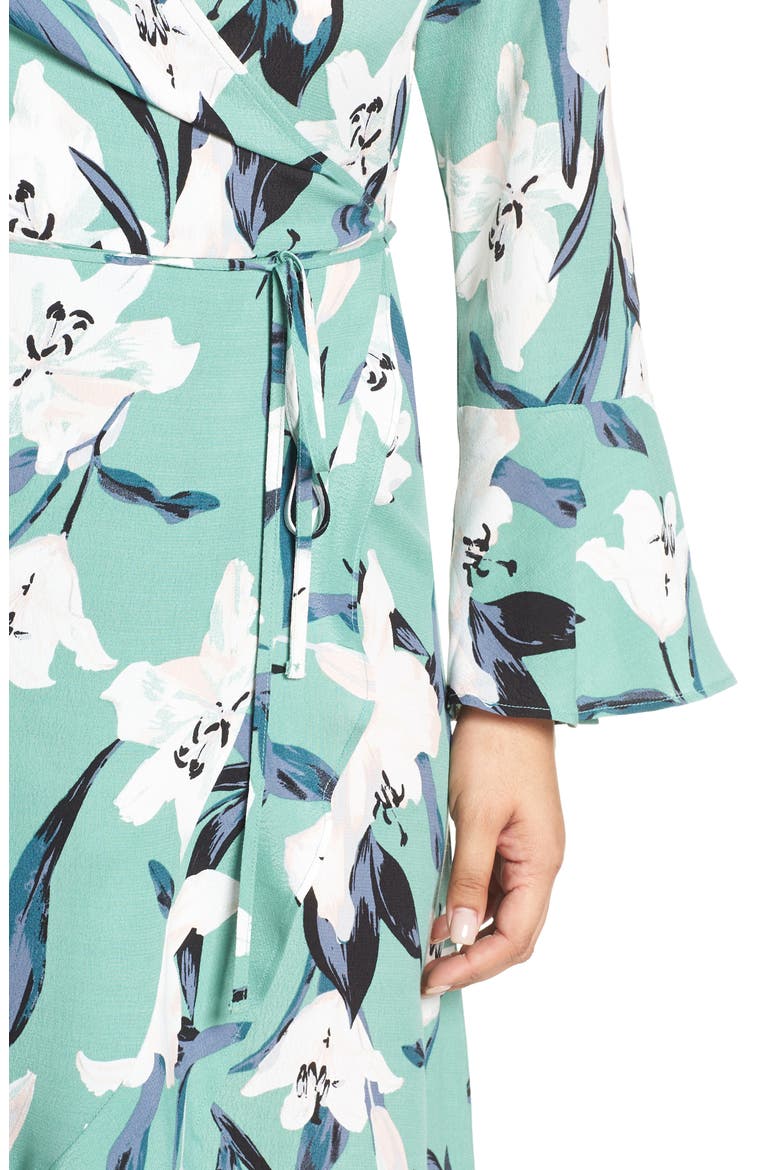 Bell Sleeve Wrap Midi Dress, Alternate, color, GREEN WING ROMANTIC FLR