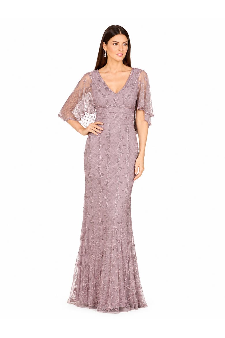 Beaded Faux-Wrap V-Neck Bridal Gown, Alternate, color, Lilac