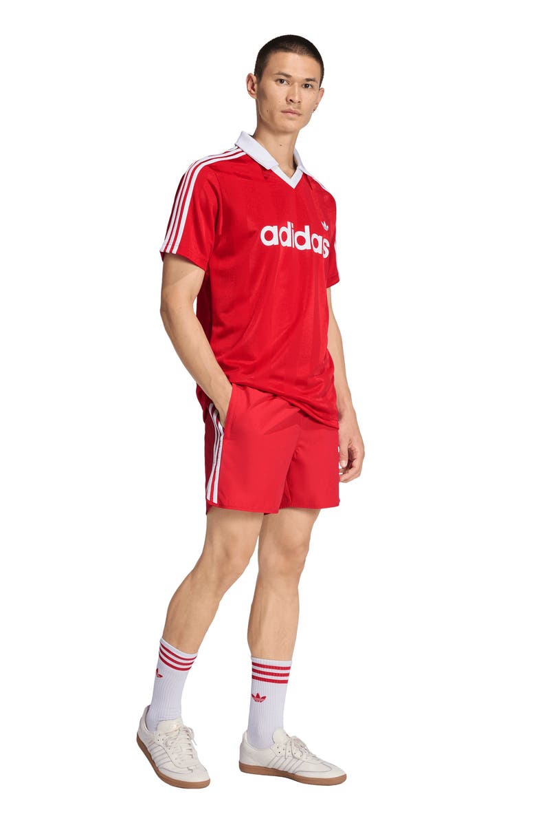 adidas Short Sleeve Stripe Soccer Jersey, Alternate, color, Better Scarlet
