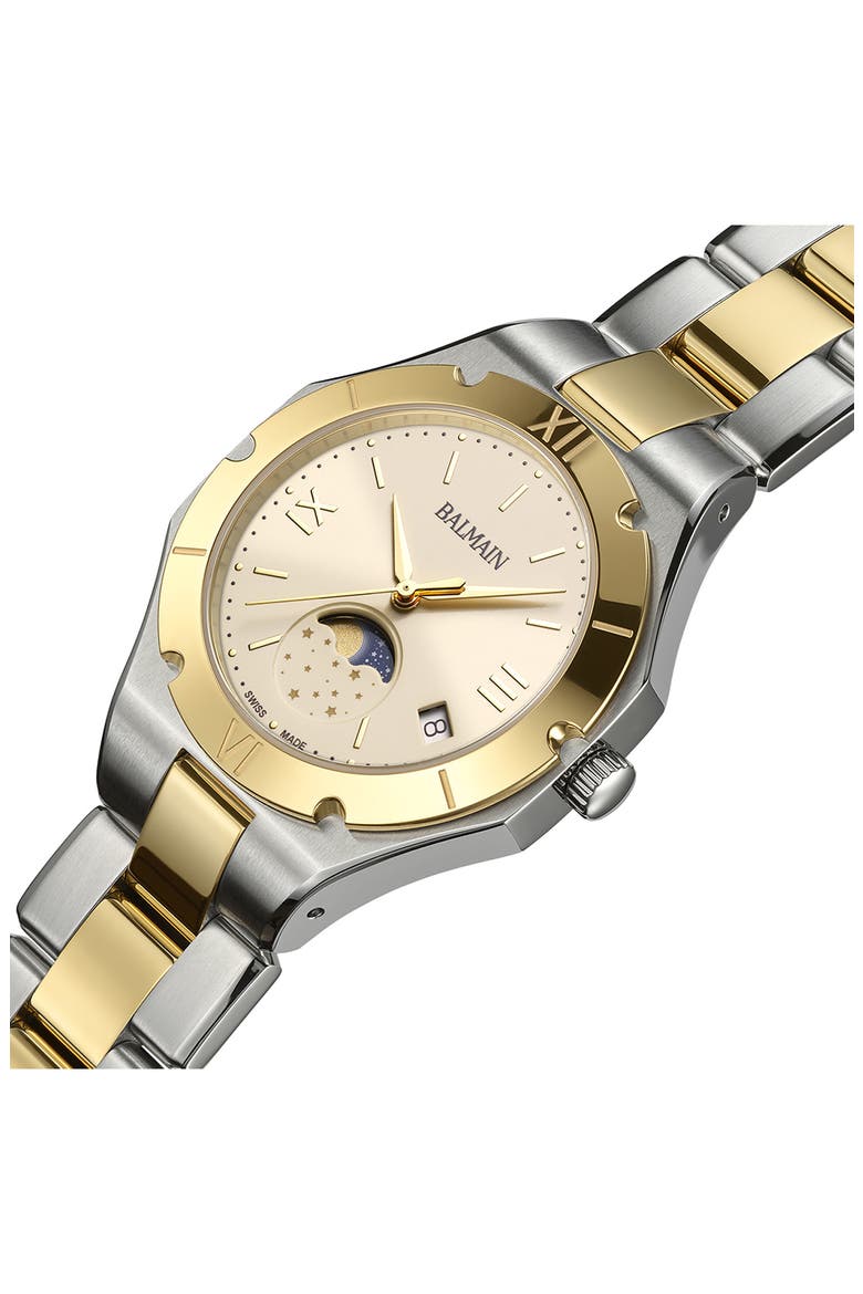 Be Balmain Moonphase Two-Tone Bracelet Watch, 33mm, Alternate, color, TWO TONE STEEL GOLD PVD