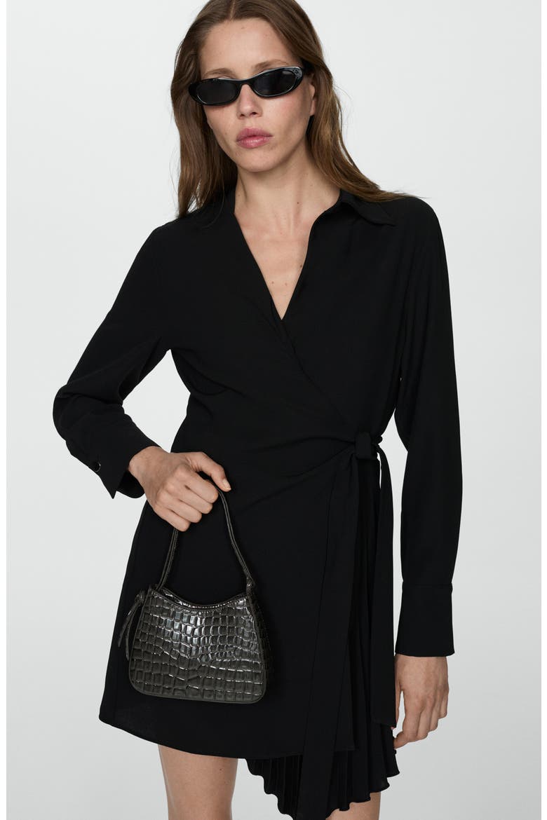 Long Sleeve Wrap Shirtdress, Alternate, color, BLACK