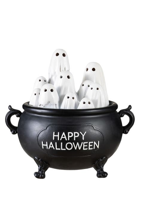 Halloween Lighted Polyresin Ghosts in Cauldron Table Decor with Timer