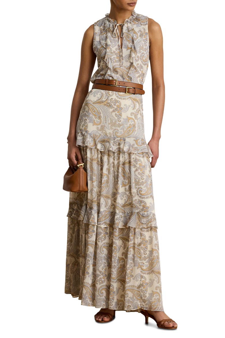Paisley Ruffle Tiered Maxi Skirt, Main, color, CREAM/ MULTI