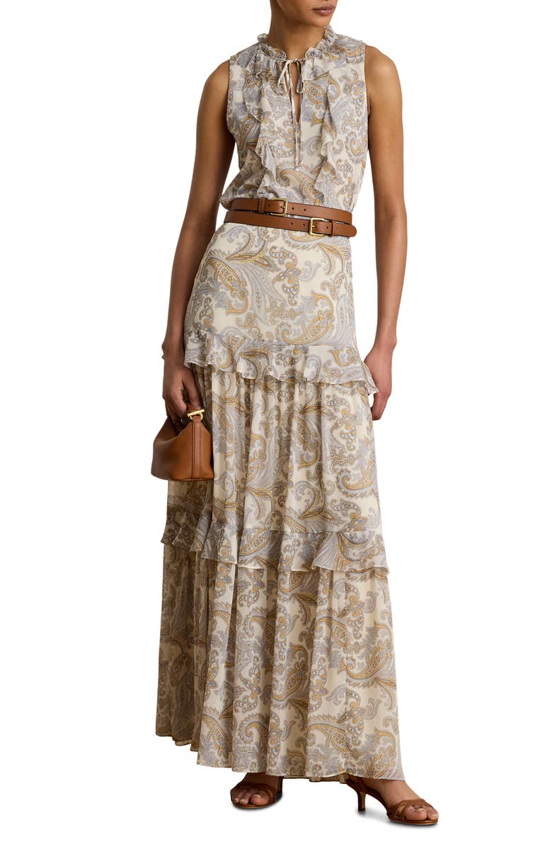 Lauren Ralph Lauren Paisley Ruffle Tiered Maxi Skirt, Main, color, Cream/ Multi