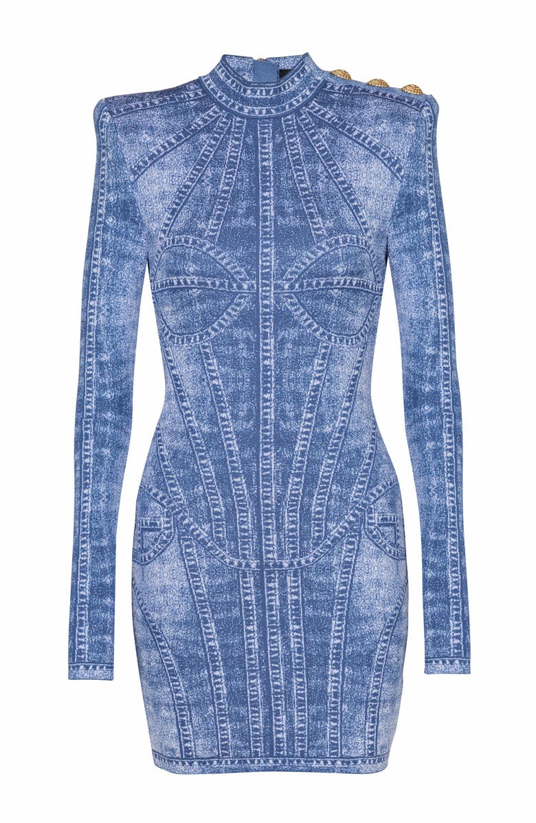 Balmain Short Jacquard Knit Dress With Denim Effect, Main, color, 