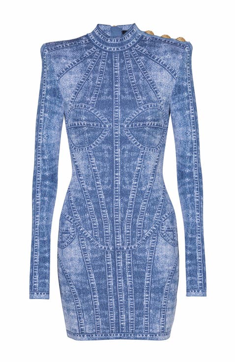 Short Jacquard Knit Dress With Denim Effect