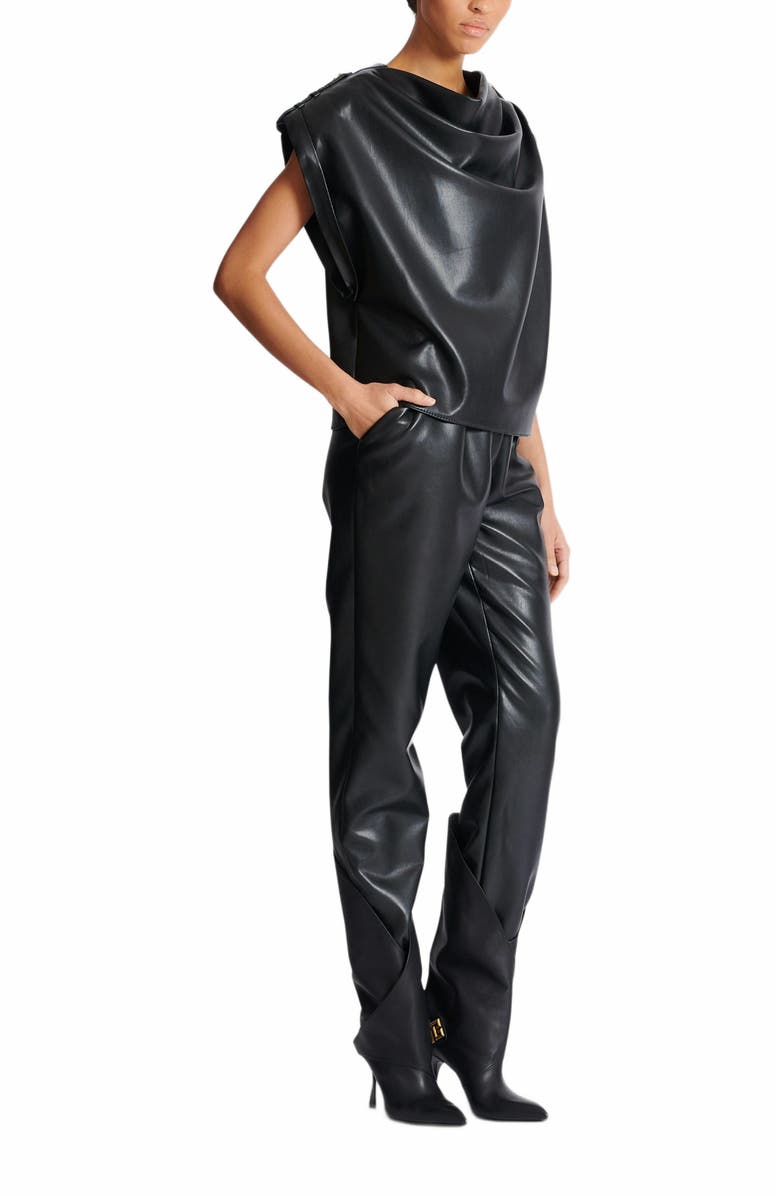 Balmain Faux Leather Draped Top, Main, color, Black