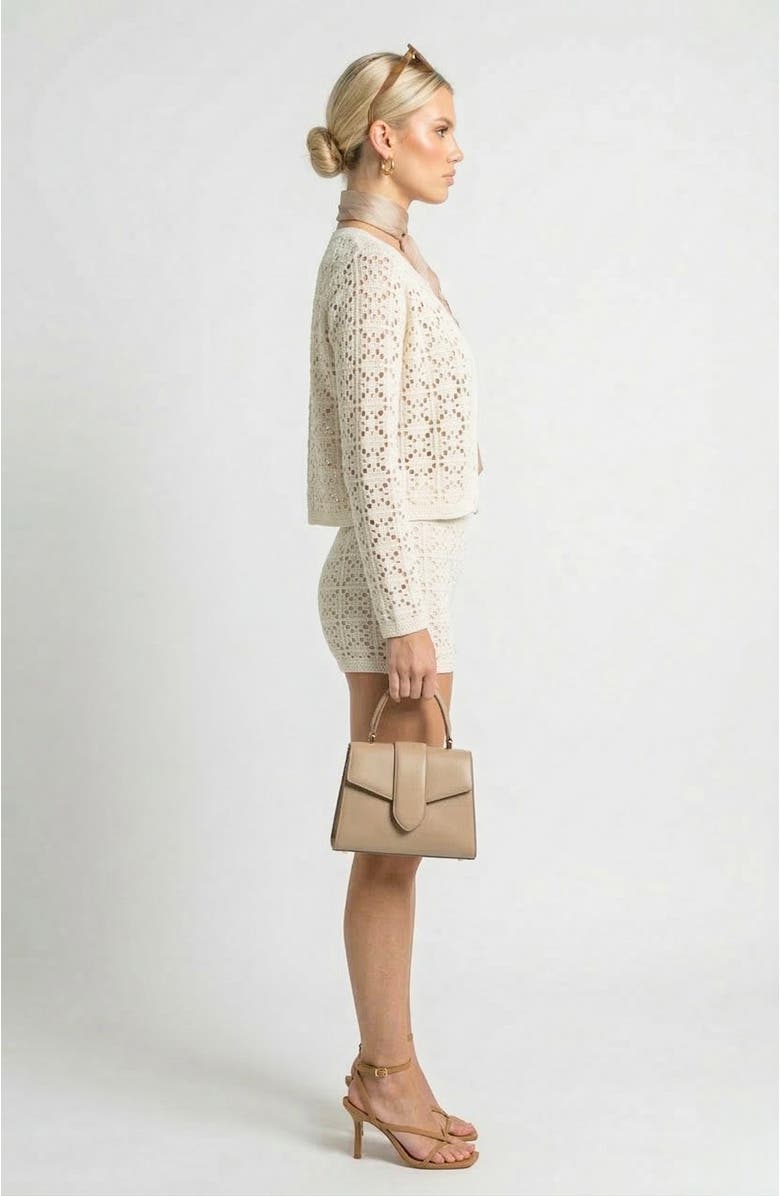 Knit & Lounge Two Piece Crochet Knit Set with Button Front Cardigan and Shorts, Alternate, color, Beige, White