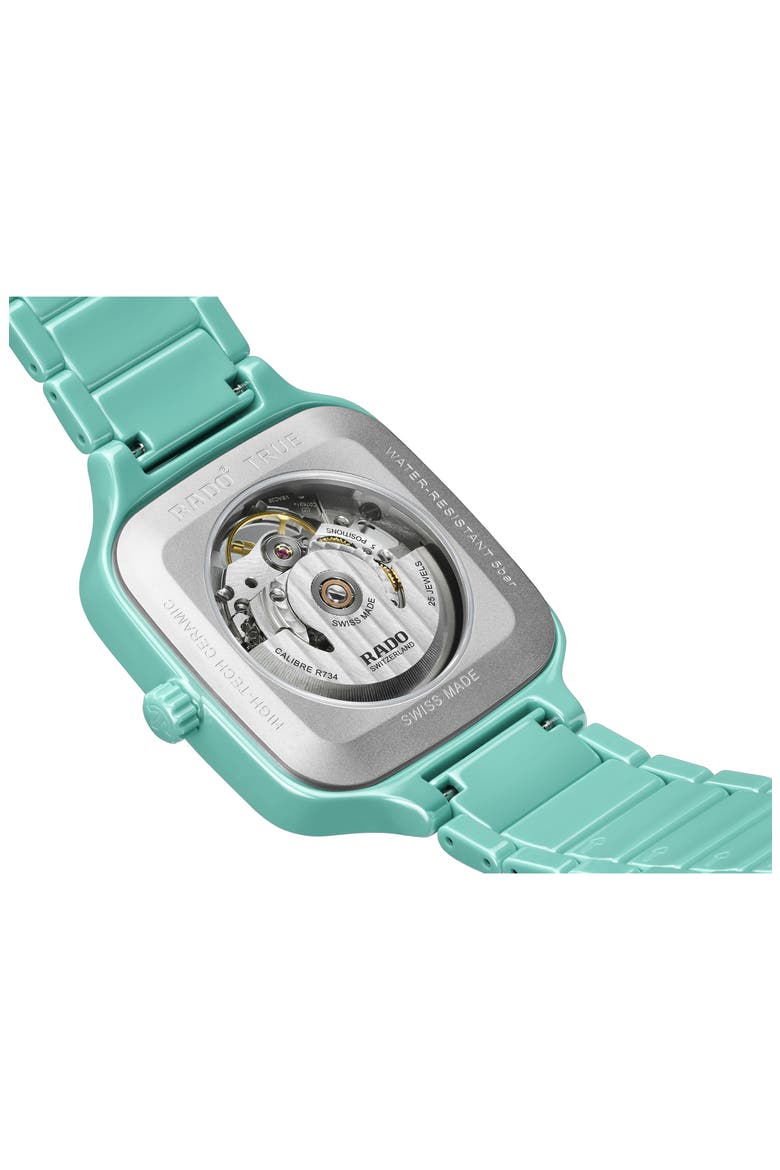True Square Diamond Automatic Open Heart Bracelet Watch, 38mm, Alternate, color, AQUA