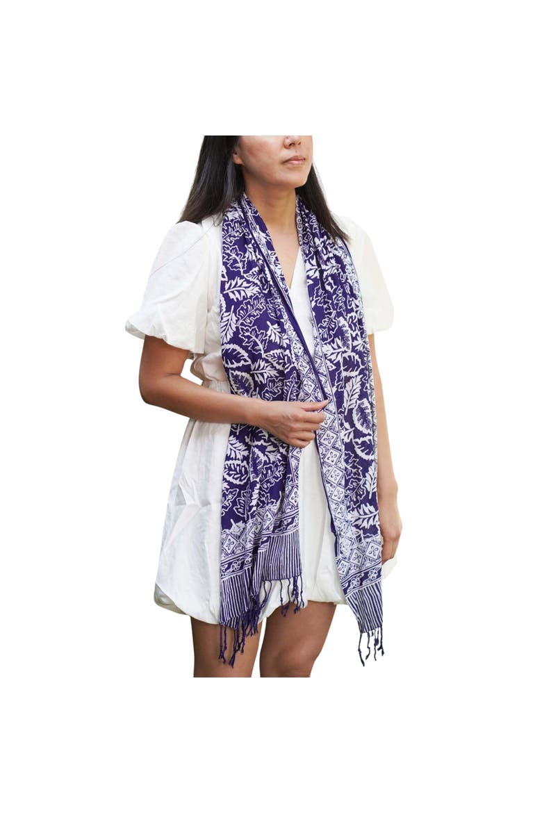 Hand Dyed Batik Scarf, Alternate, color, Blue Leaves