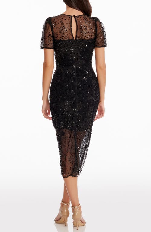 DRESS THE POPULATION DRESS THE POPULATION LIA SEQUIN ILLUSION MESH OVERLAY MIDI COCKTAIL DRESS