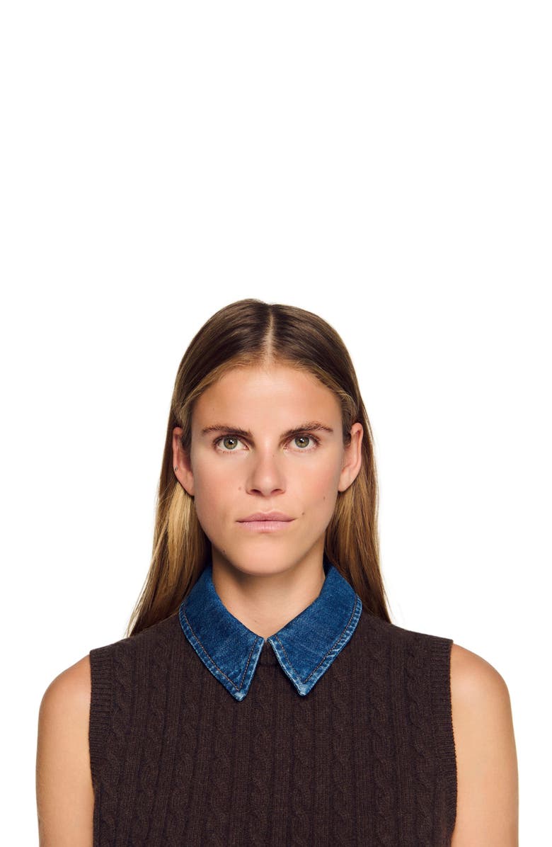 SANDRO Knit sweater with removable denim collar, Alternate, color, Brown