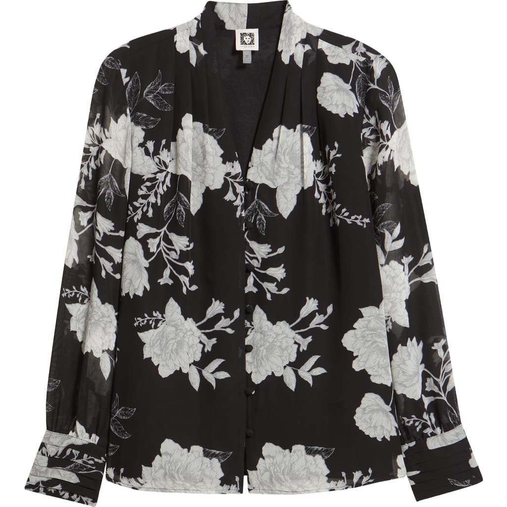 Anne Klein Floral Print Pleated Shirt In Black