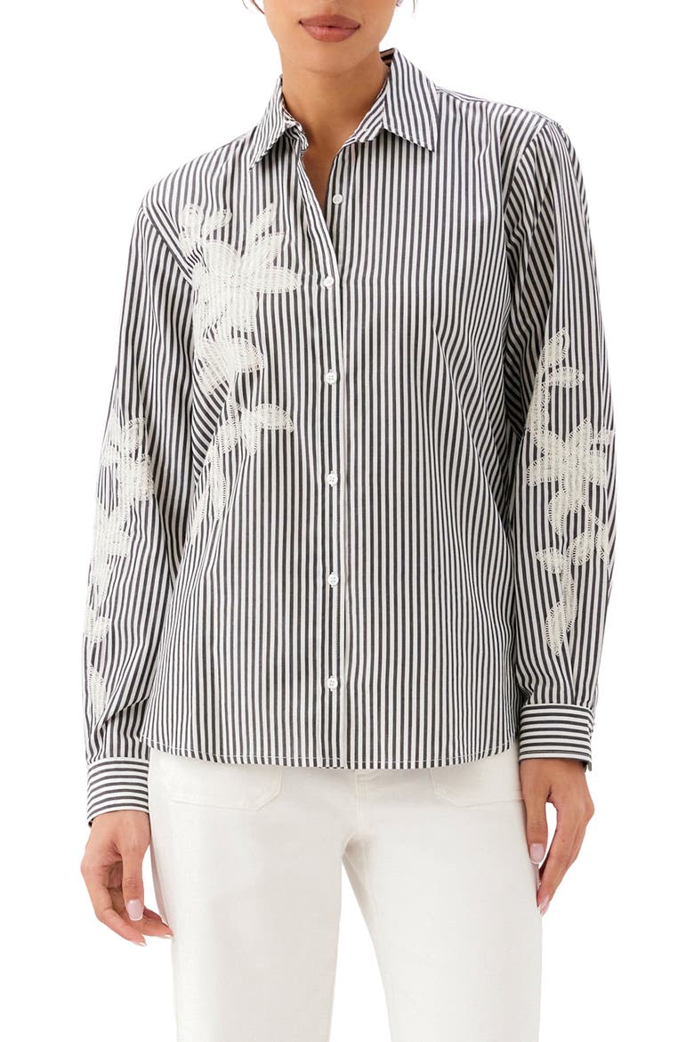 Stripe Embroidered Cotton Blend Button-Up Shirt, Main, color, BLACK W/ OFF WHITE