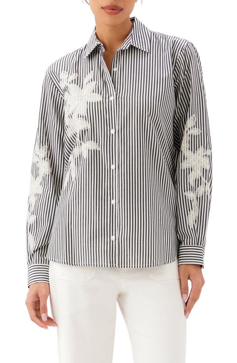 Stripe Embroidered Cotton Blend Button-Up Shirt
