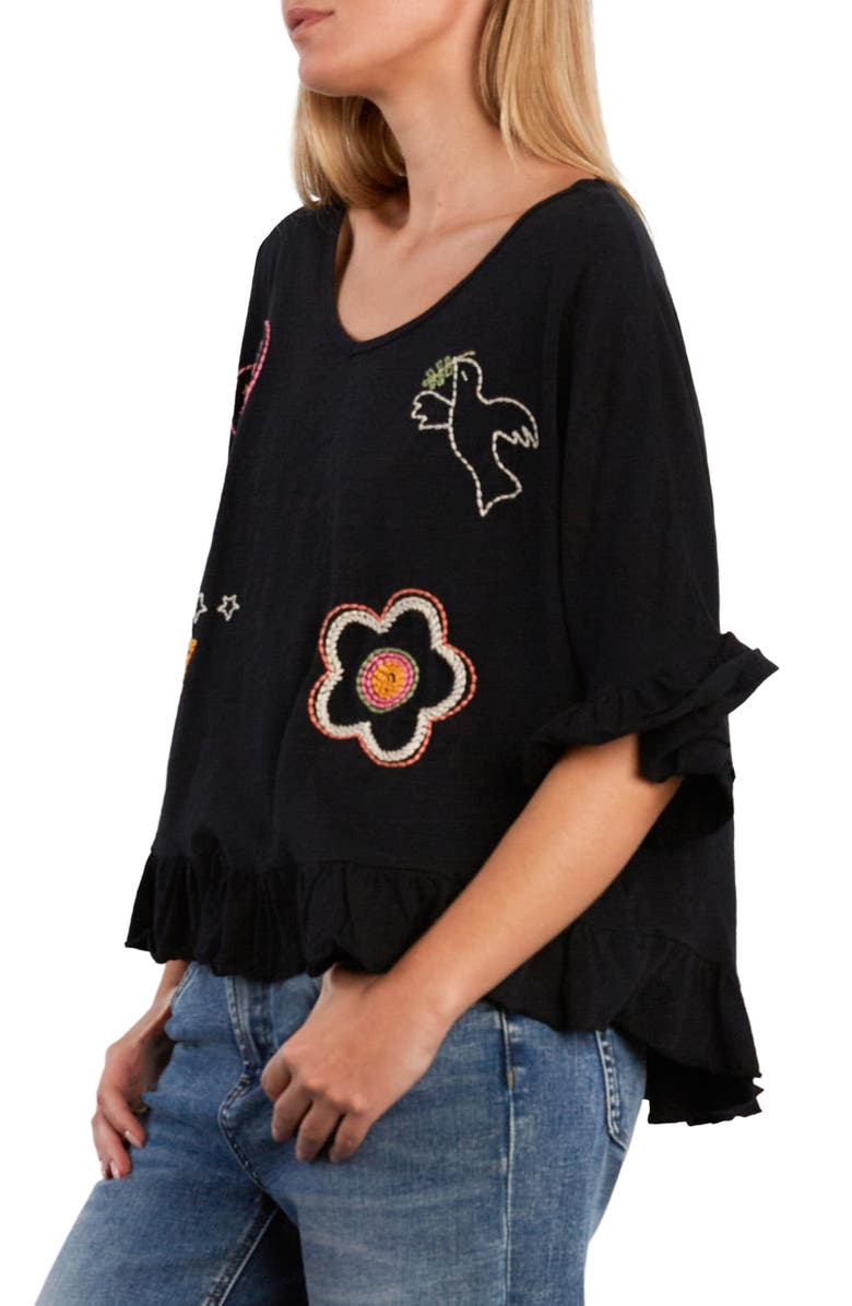 Billy T Worry Free Embroidered Ruffle Cotton Top, Alternate, color, Almost Black
