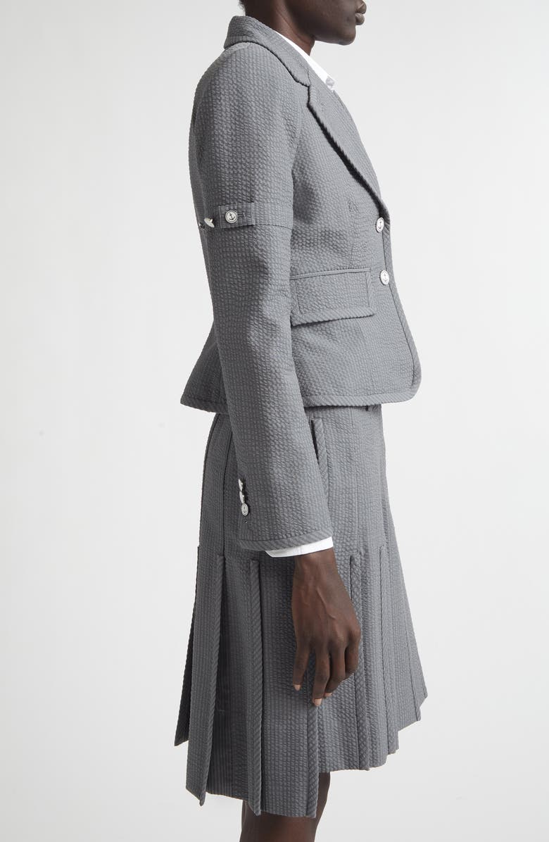 Thom Browne Crop Sculpted Shoulder Wool Seersucker Jacket, Alternate, color, Light Grey