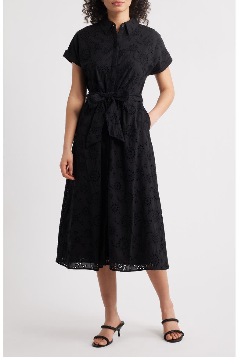 Eyelet Embroidery Cotton Shirtdress, Main, color, BLACK