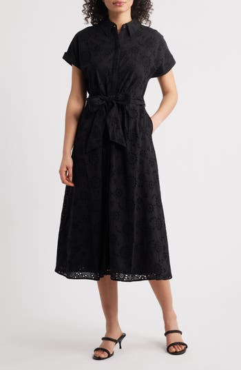 Caslon ® Eyelet Embroidery Cotton Shirtdress In Black
