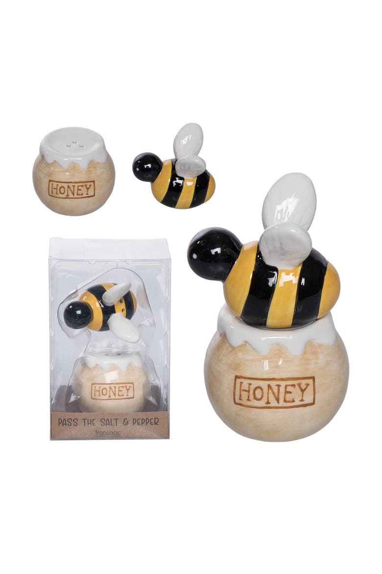 Dolomite Bee Salt and Pepper Set of 2 Multicolored for Spring Serving and Entertaining, Main, color, Multicolored