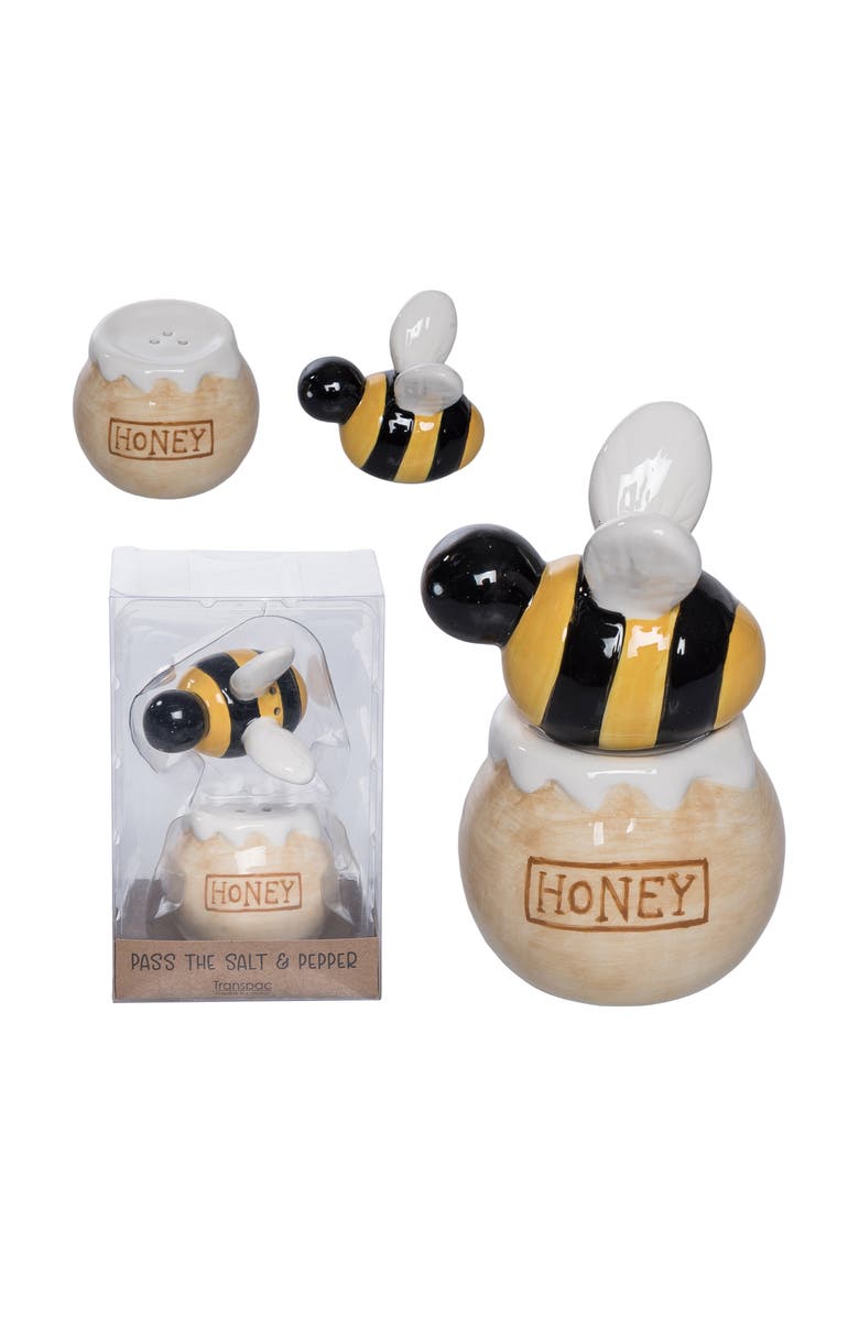 Transpac Dolomite Bee Salt and Pepper Set of 2 Multicolored for Spring Serving and Entertaining, Main, color, Multicolored