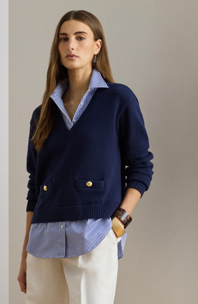 Lauren Ralph Lauren Layered Mixed Media Sweater, Alternate, color, Refined Navy Blue/ Multi