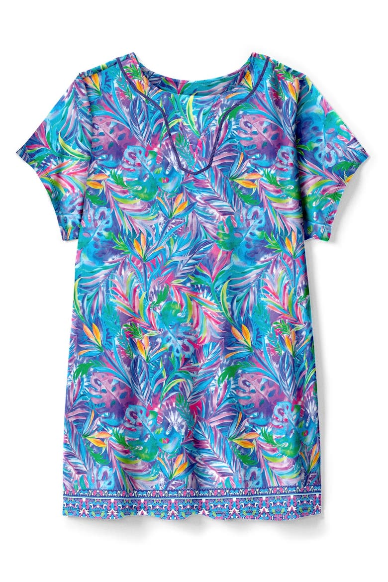 Longer Length Notch Neck Short Sleeve Swim Tunic, Alternate, color, RAINBOW TIE DYE PALM