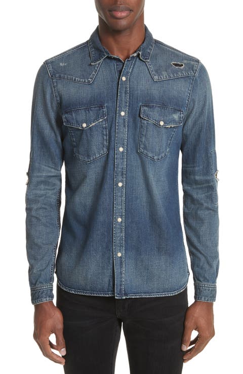 Distressed Denim Western Shirt