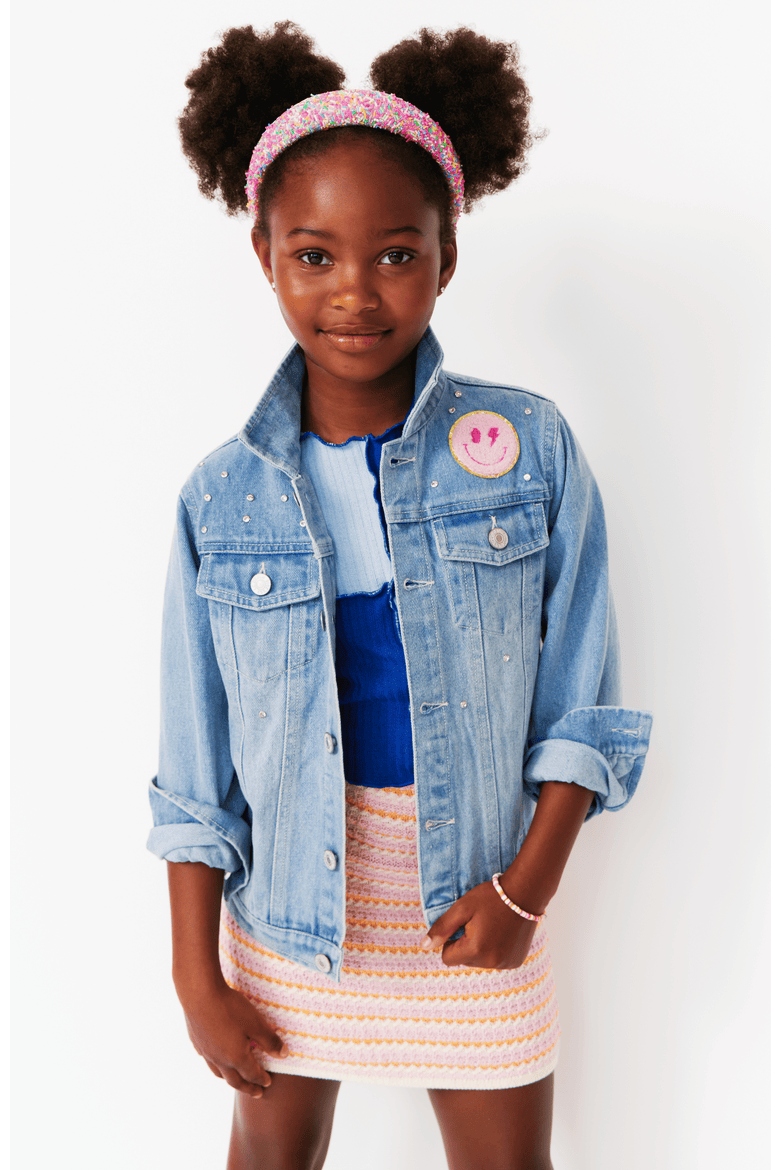 Girls' Jeweled Patched Denim Jacket, Alternate, color, Light Denim