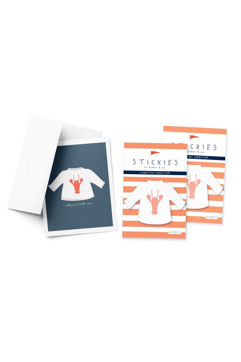 Lobstah Sweater 3" x 3" 50-Sheet Sticky Notes (2-Pack) & Lobstah Sweater Greeting Card Combo, Main, color, Multi-Pack