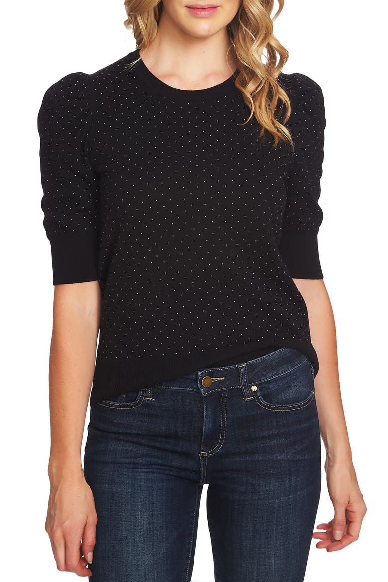 Puffed Sleeve Jacquard Sweater, Main, color, RICH BLACK