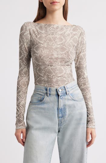 Good American Mesh Boatneck Bodysuit In Ssp-print001 In Gray