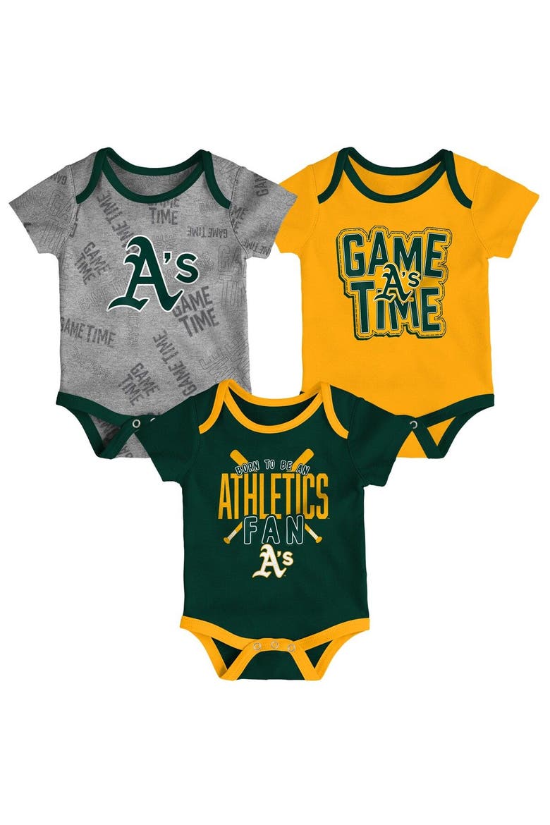 Newborn & Infant Oakland Athletics Green/Gold/Heathered Gray Game Time Three-Piece Bodysuit Set, Main, color, Green