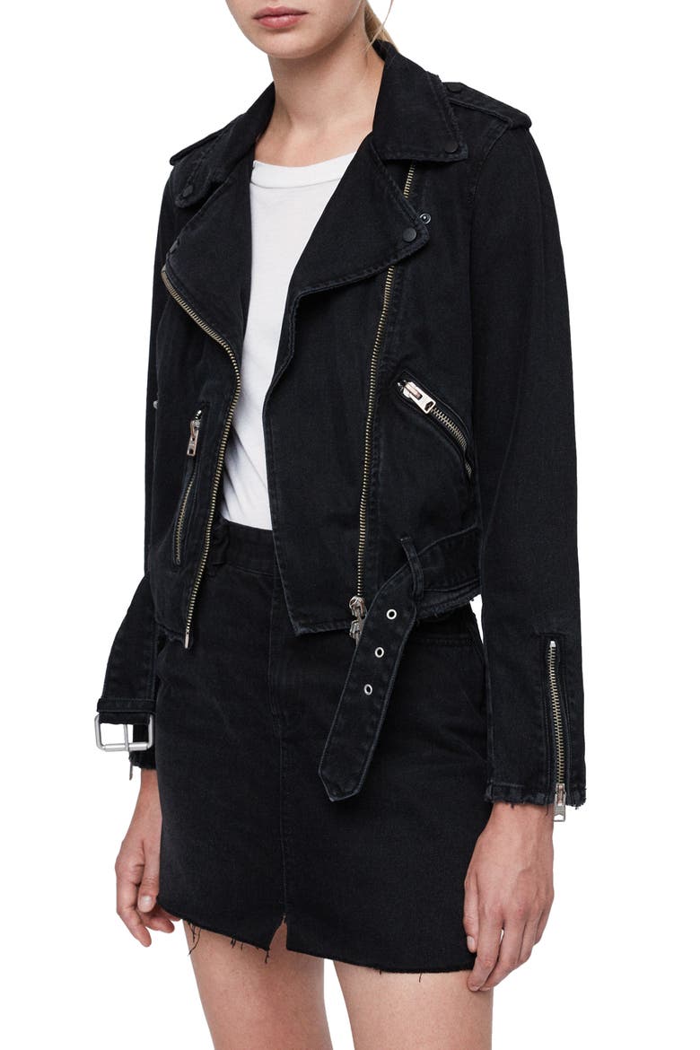 Balfern Denim Biker Jacket, Alternate, color, BLACK