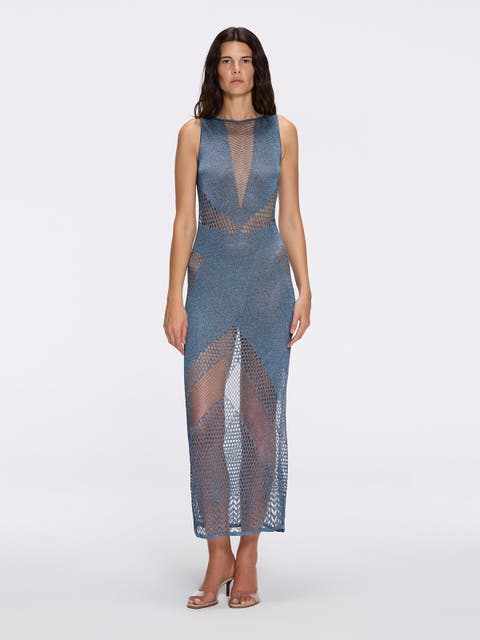 Nerida Mesh Knit Ankle-Length Dress with Fringe Details