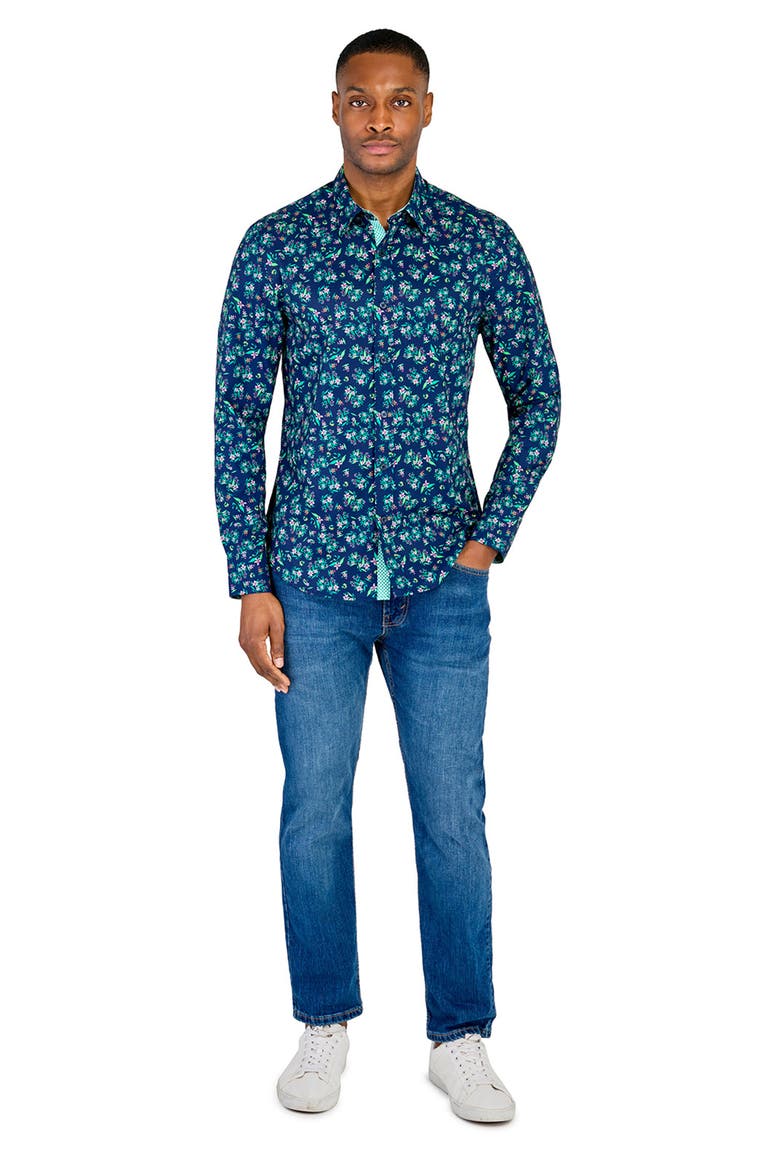 Slim Fit Lily Bouquet Recycled 4-Way Stretch Performance Long Sleeve Shirt, Alternate, color, NAVY/GREEN