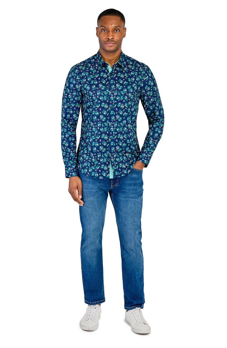 CONSTRUCT Slim Fit Lily Bouquet Recycled 4-Way Stretch Performance Long Sleeve Shirt, Alternate, color, Navy/Green
