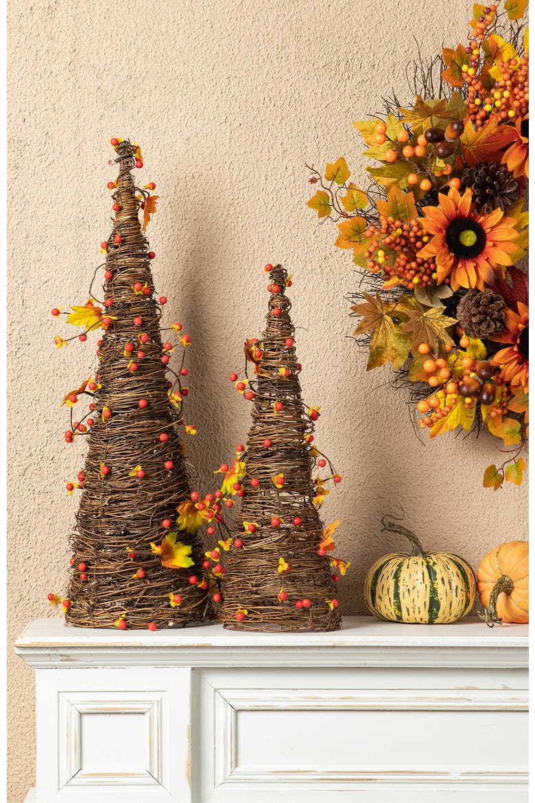 24"H Set of 2 Fall Ratten Berries and Maple Leaves Table Tree, Alternate, color, Orange