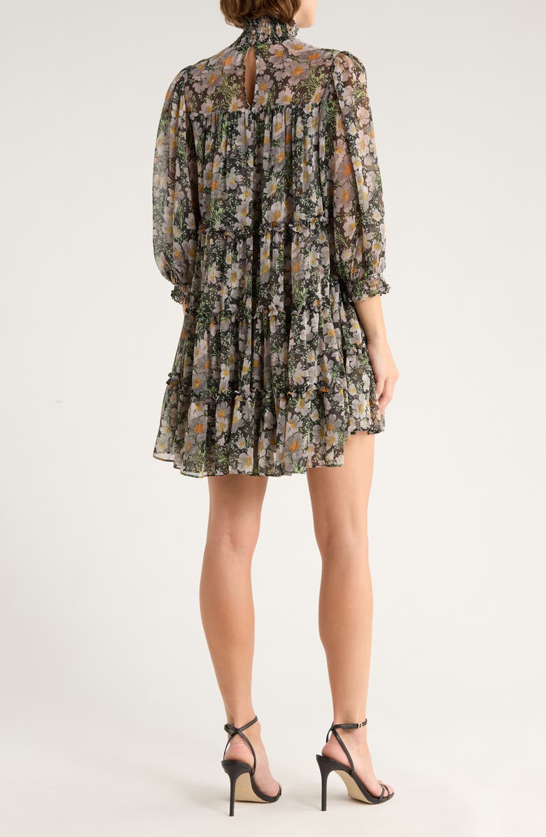 Cinq à Sept Cosmo Flowers Long Sleeve Babydoll Dress, Alternate, color, Black/ London Fog