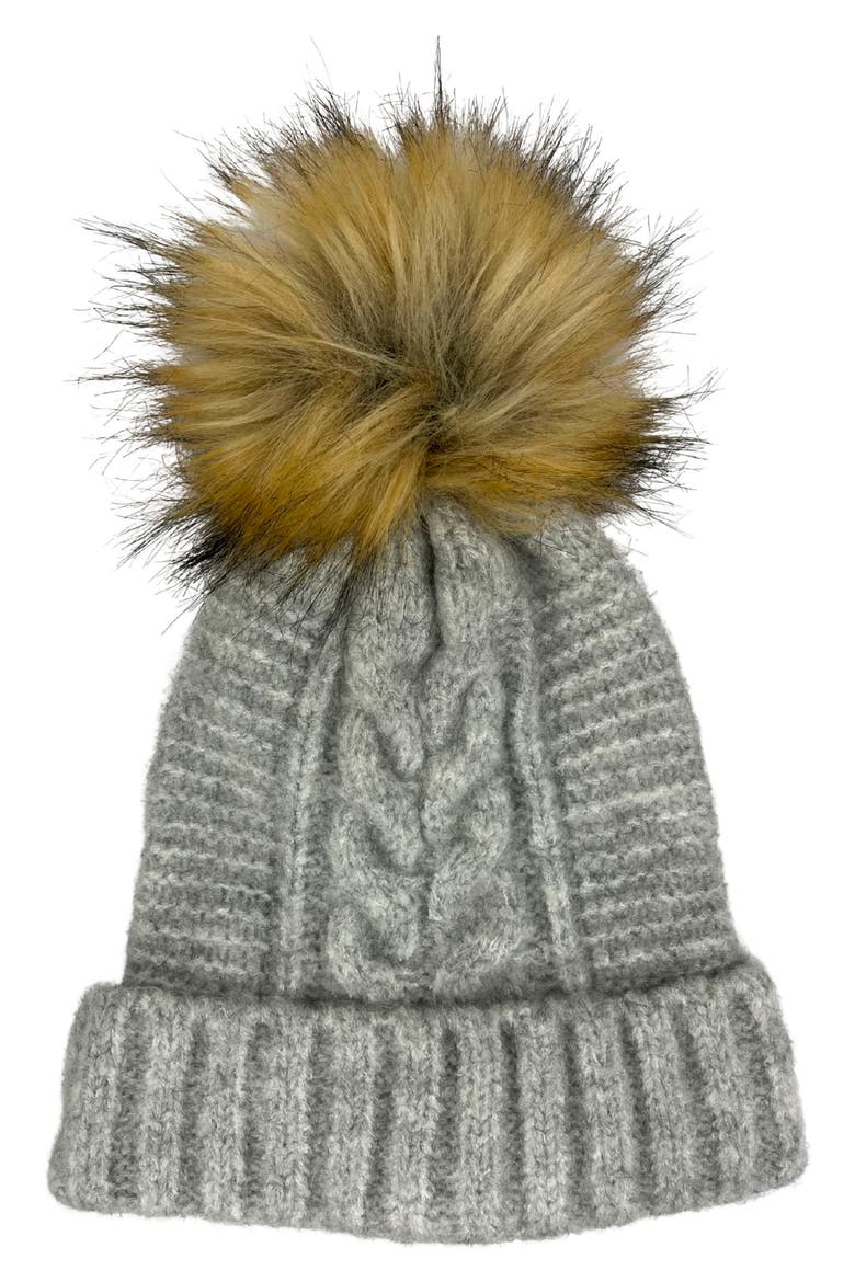 Faux Fur Pom Cable Knit Beanie, Main, color, GREY
