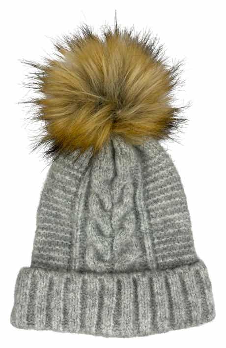 MARCUS ADLER Faux Fur Pom Cable Knit Beanie