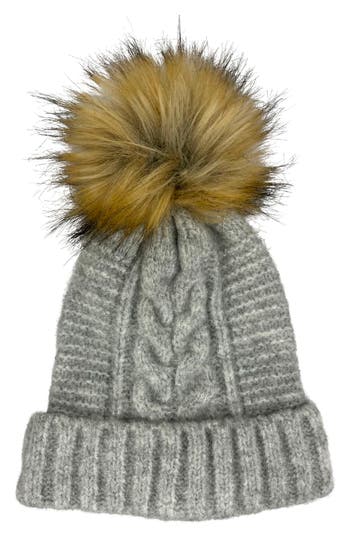 Marcus Adler Faux Fur Pom Cable Knit Beanie In Gray