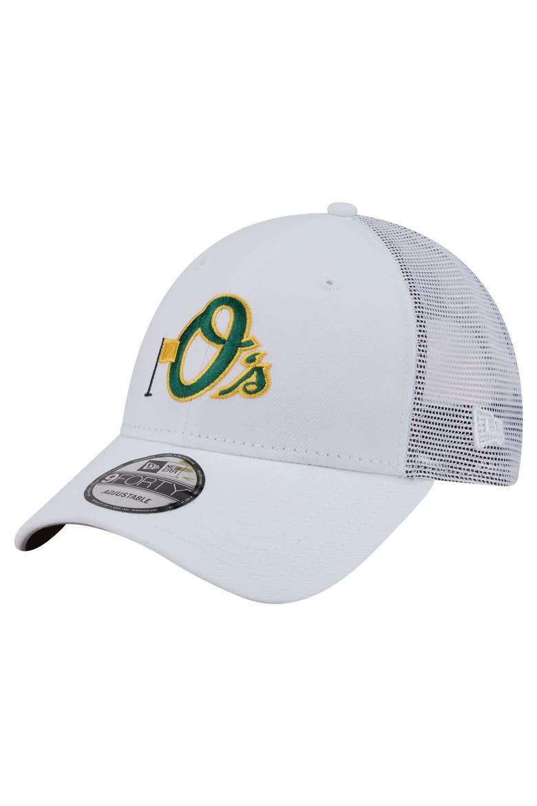 Men's New Era  White Baltimore Orioles Flag 9FORTY Trucker Adjustable Hat, Main, color, White