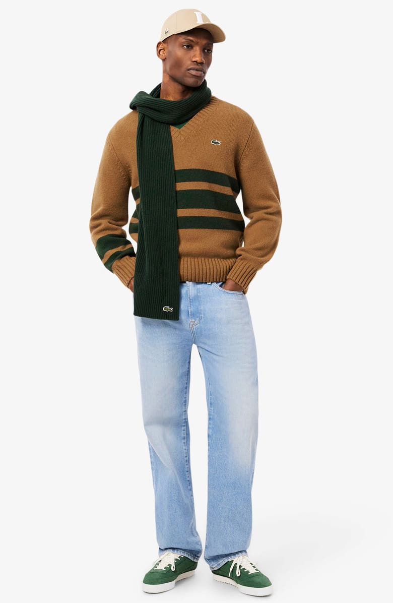 Lacoste Classic Stripe Wool V-Neck Sweater, Alternate, color, Date Brown/ Sinople