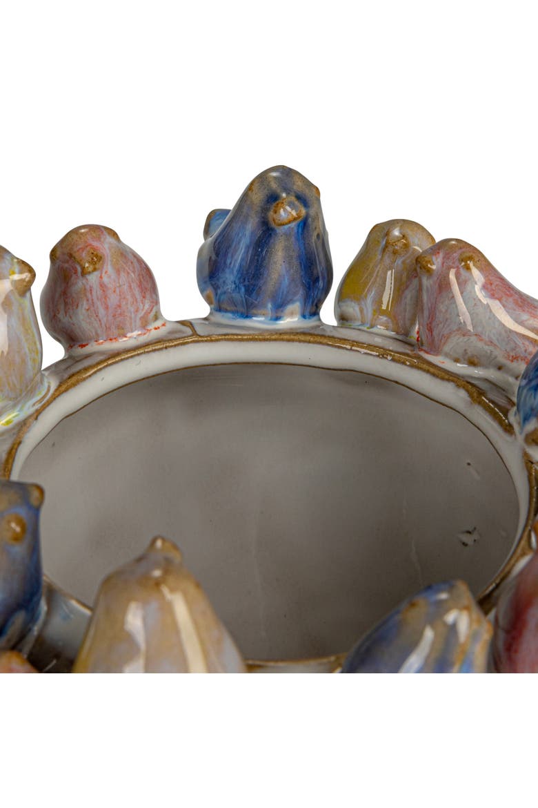 Stoneware Planter with Birds on Rim and Reactive Glaze, Multicolor, Alternate, color, Multicolor